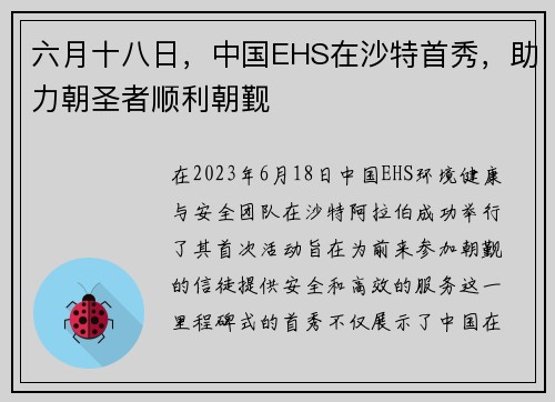 六月十八日，中国EHS在沙特首秀，助力朝圣者顺利朝觐