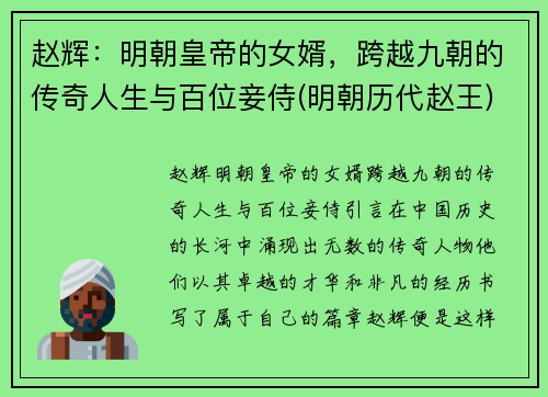 赵辉：明朝皇帝的女婿，跨越九朝的传奇人生与百位妾侍(明朝历代赵王)