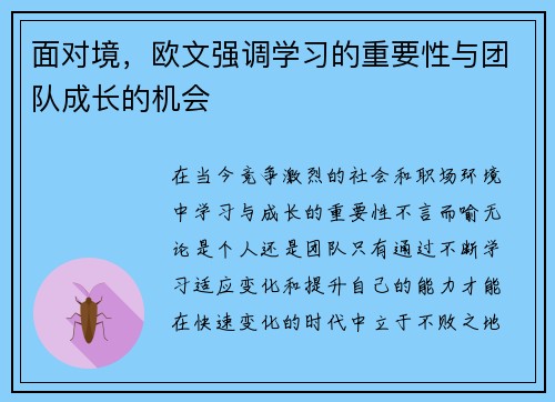 面对境，欧文强调学习的重要性与团队成长的机会