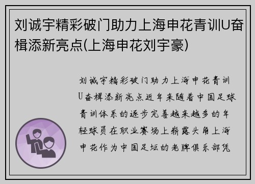 刘诚宇精彩破门助力上海申花青训U奋楫添新亮点(上海申花刘宇豪)