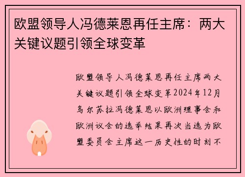 欧盟领导人冯德莱恩再任主席：两大关键议题引领全球变革