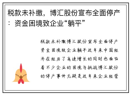 税款未补缴，博汇股份宣布全面停产：资金困境致企业“躺平”