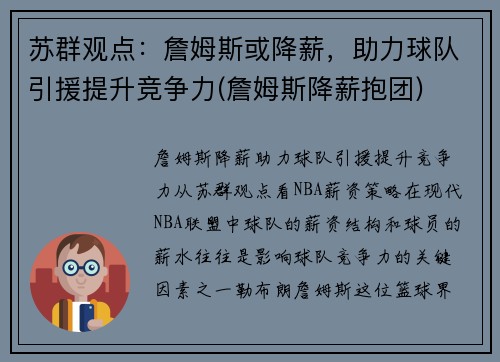 苏群观点：詹姆斯或降薪，助力球队引援提升竞争力(詹姆斯降薪抱团)